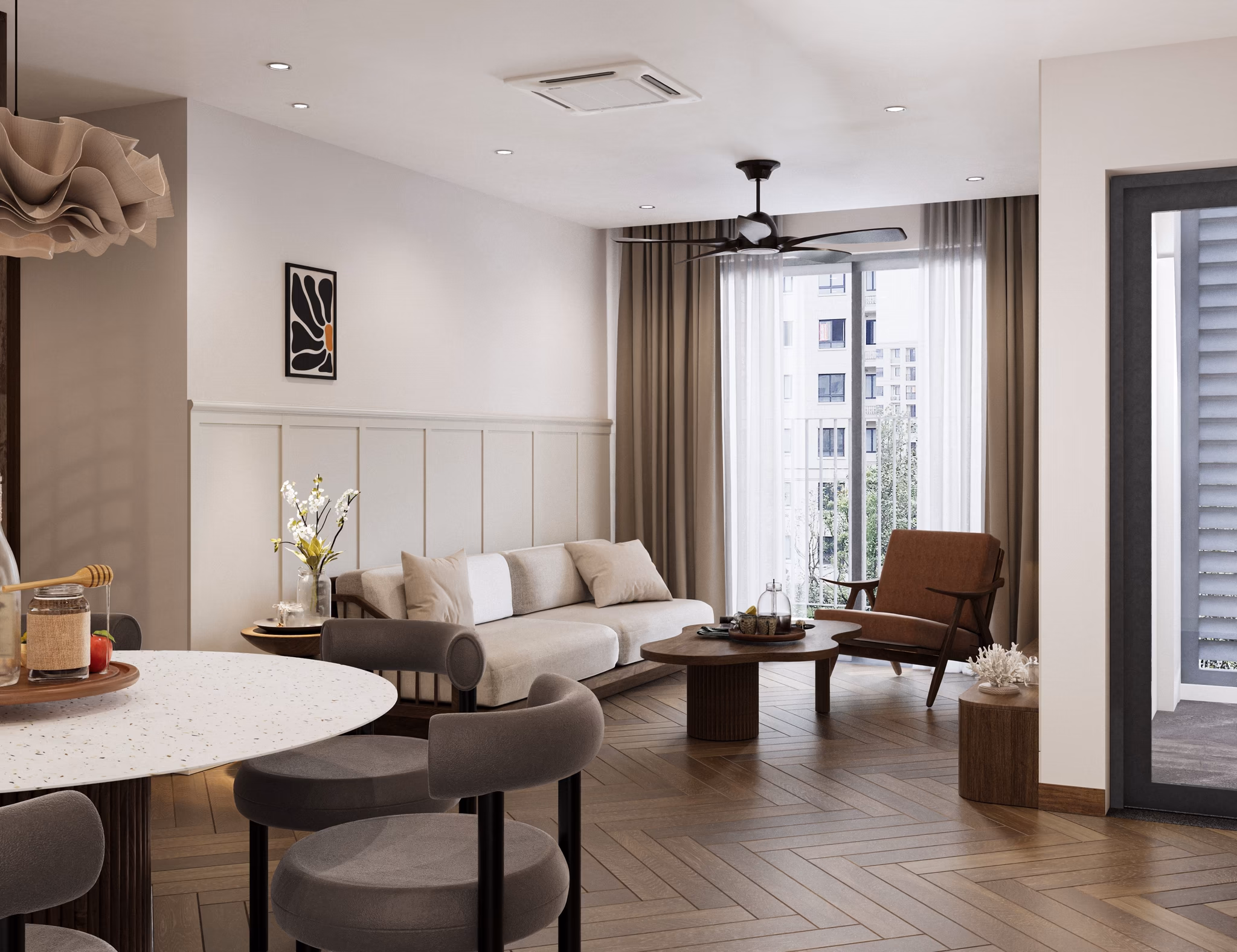 Modern living room interior featuring a comfortable sofa, stylish armchair, and elegant decor in neutral tones.