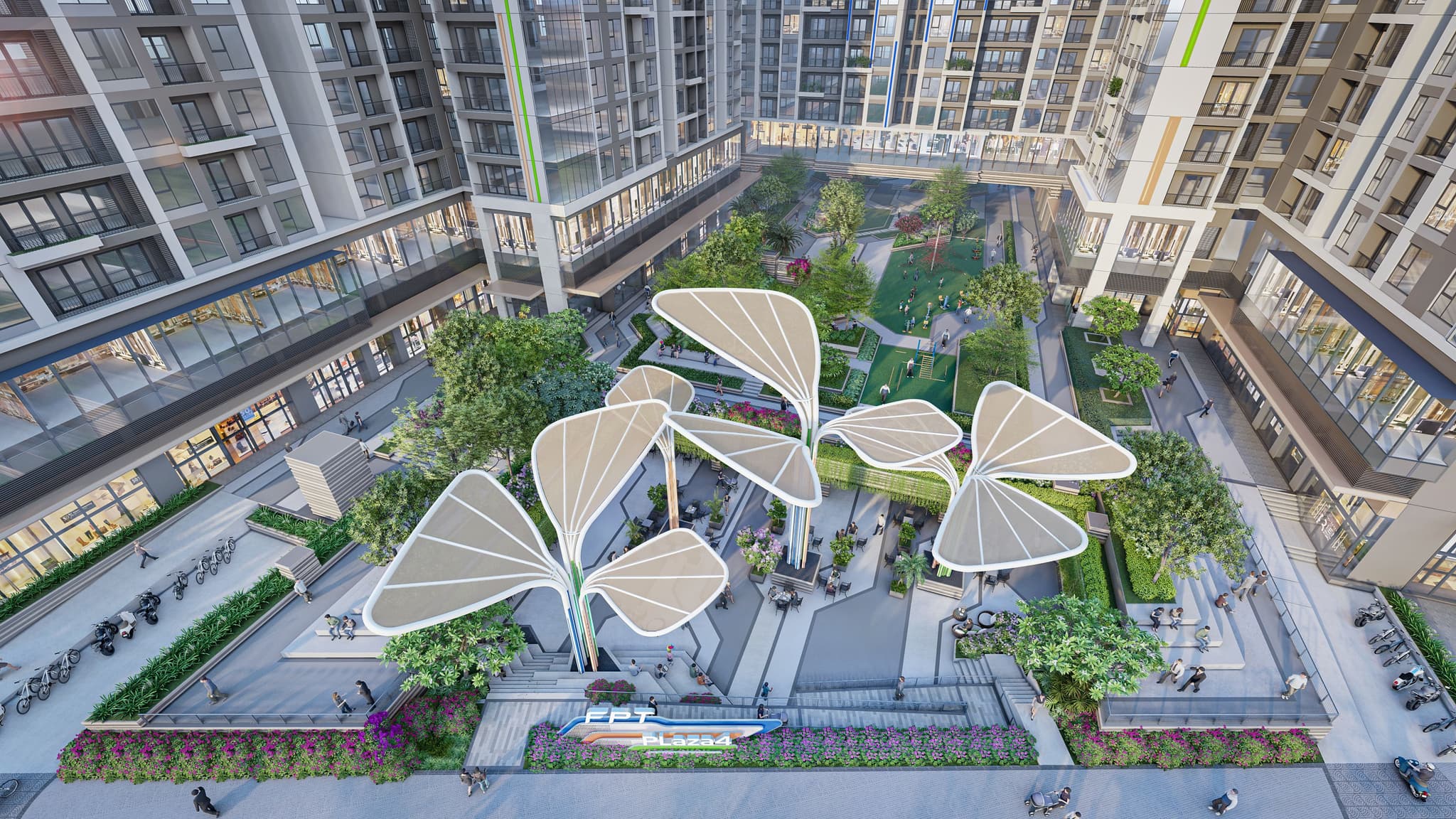 Modern urban plaza with unique canopy structures, lush greenery, and people enjoying the vibrant communal space.