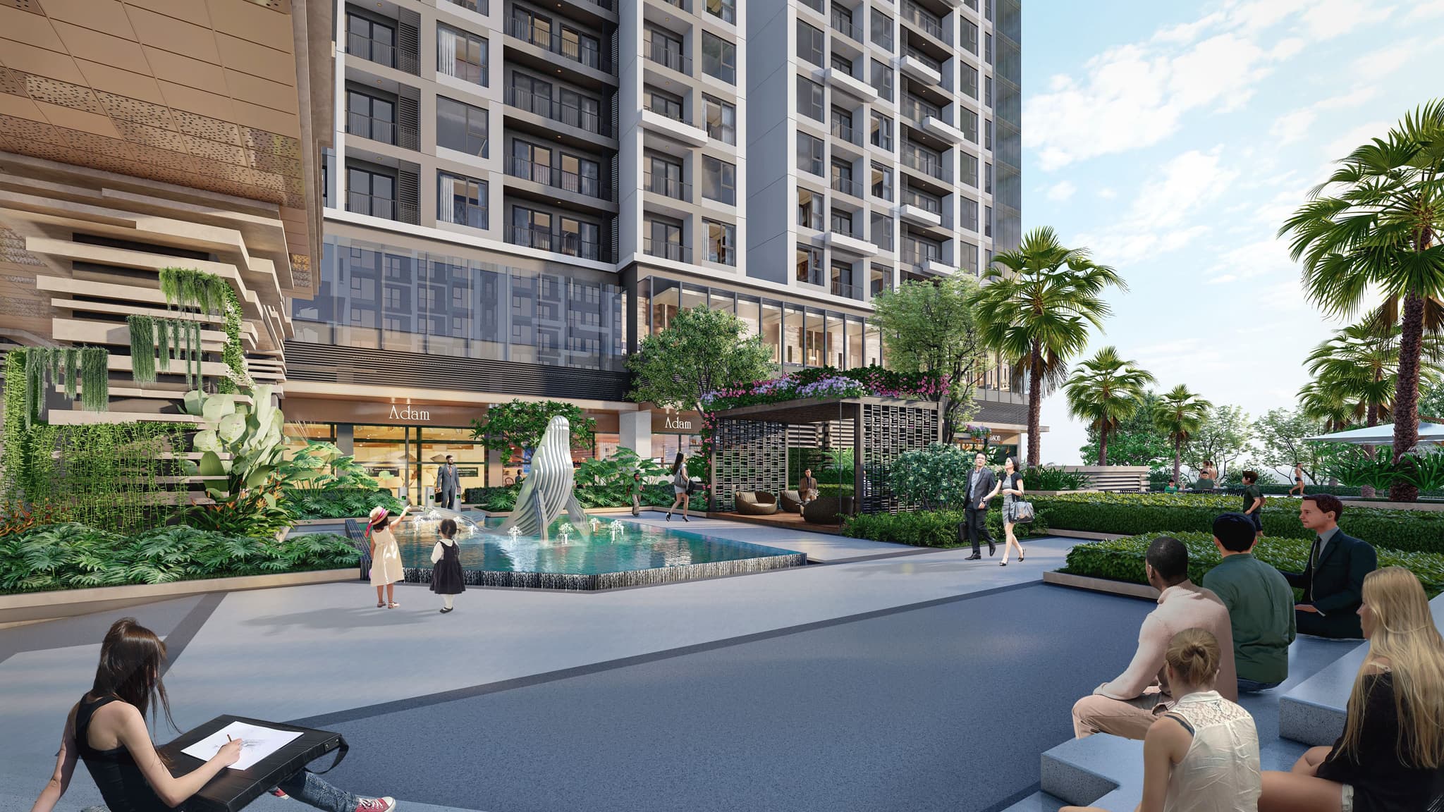 Modern urban landscape featuring a lush garden, a fountain, and people enjoying a communal space near a high-rise building.