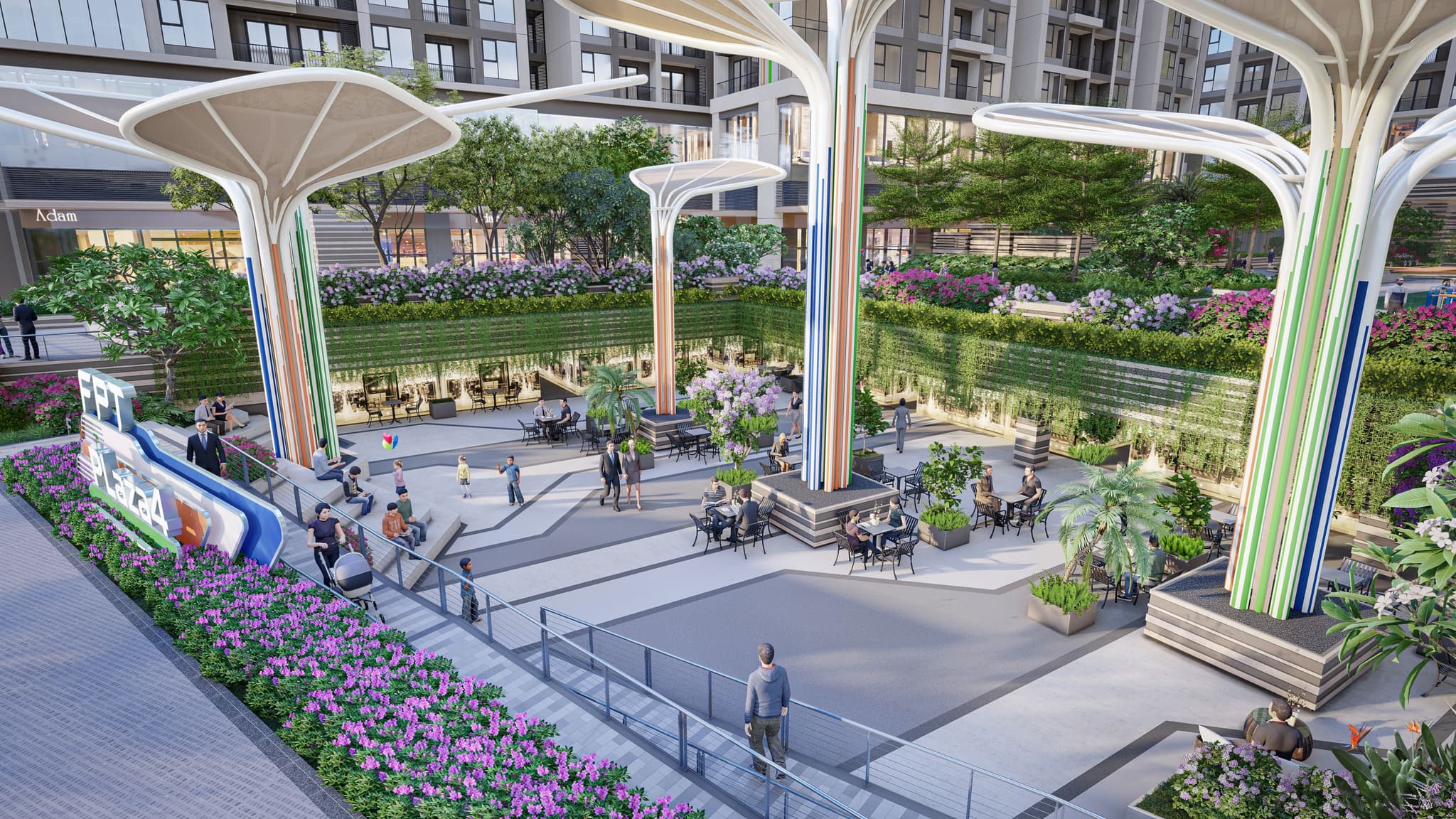 Vibrant urban plaza with modern architecture, colorful trees, and people enjoying green spaces and seating areas.