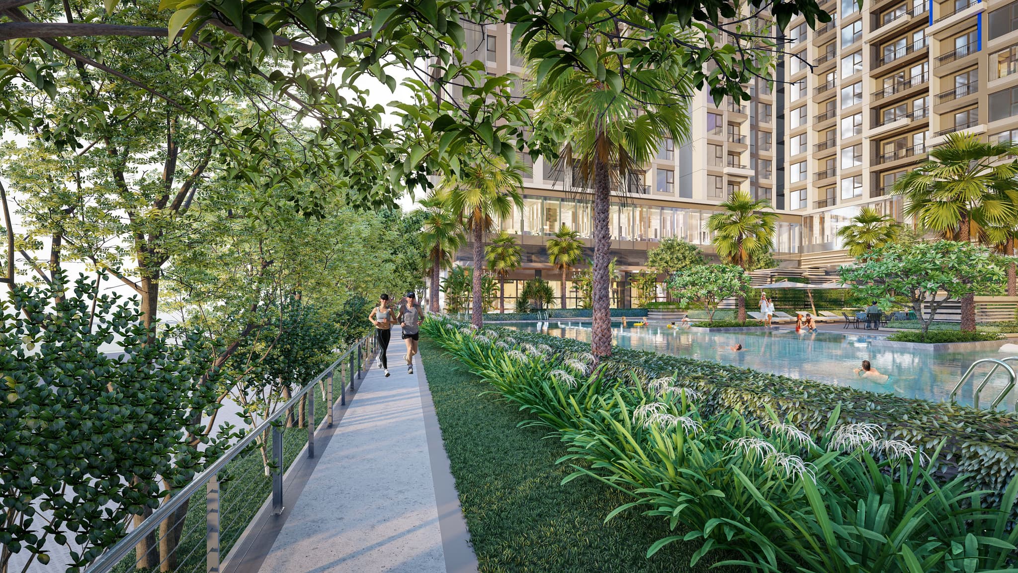 Lush landscape with a walking path alongside a modern residential building featuring a swimming pool and greenery.