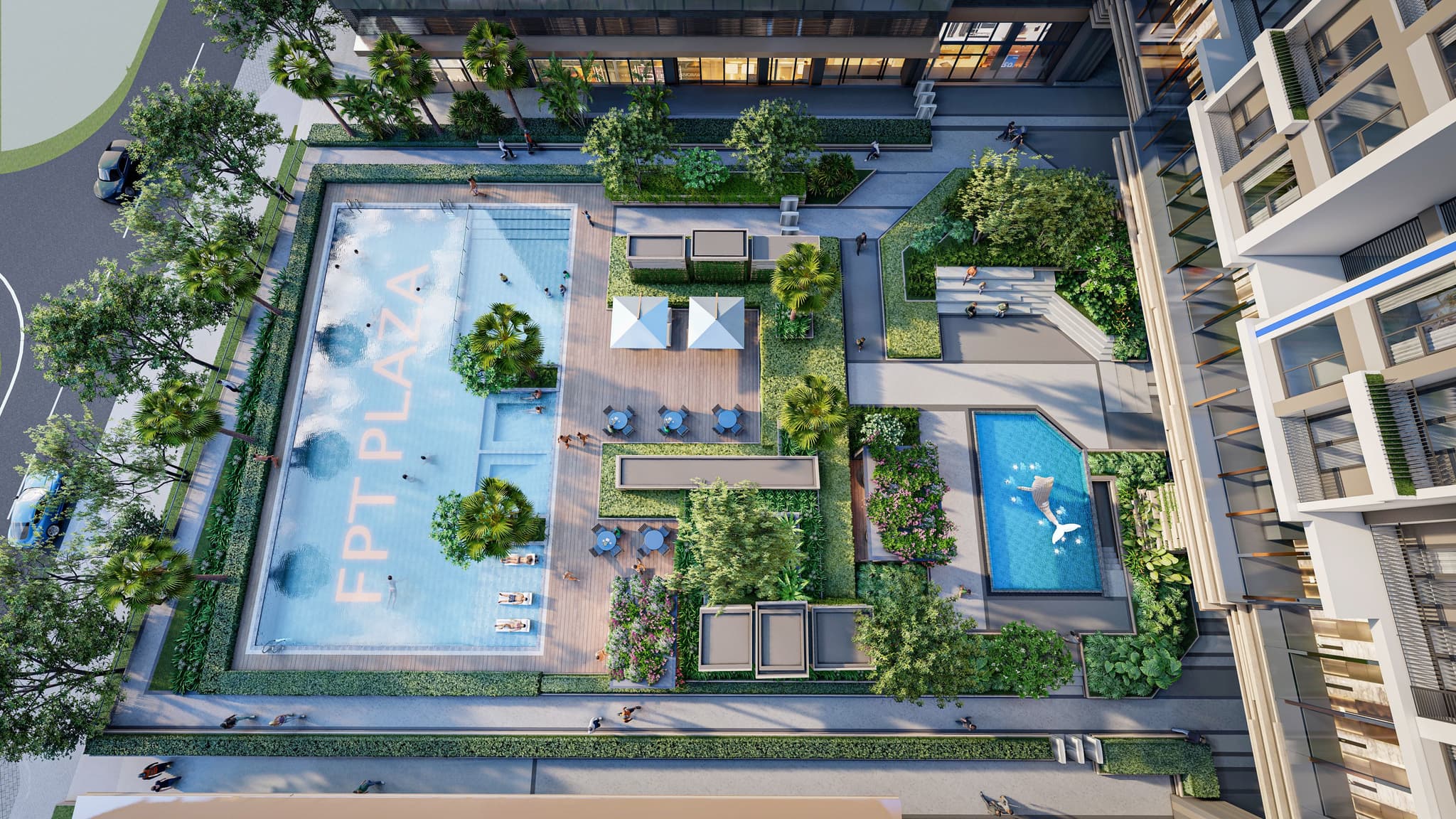 Aerial view of a landscaped pool area featuring seating, sun loungers, and a large swimming pool labeled "FPT PLAZA."