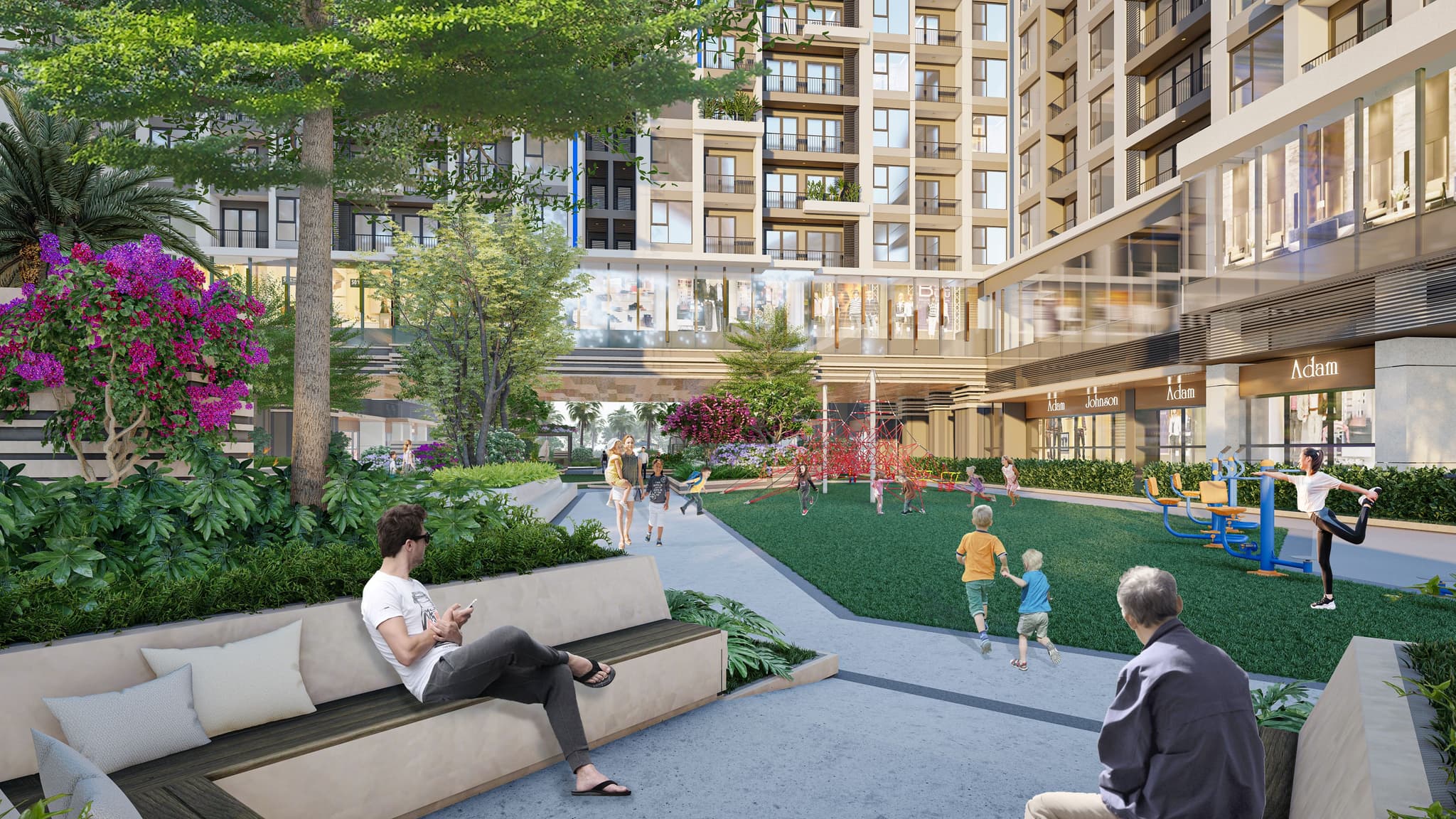 Modern urban landscape featuring residential buildings, green spaces, and families enjoying outdoor activities.