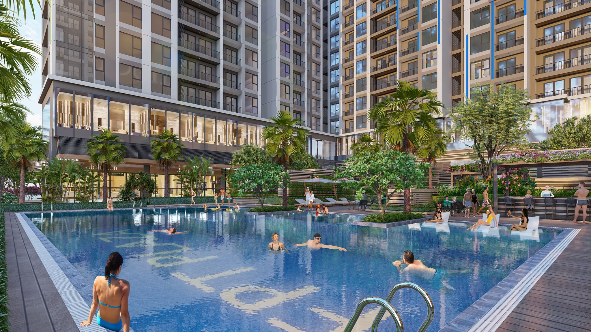 Luxury apartment complex featuring a spacious swimming pool, with residents enjoying leisure activities in a vibrant setting.