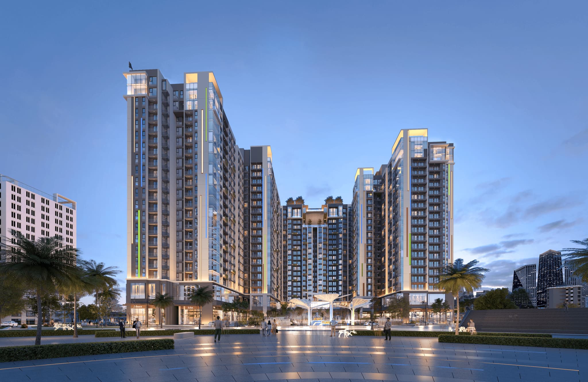 Modern urban apartment complex with sleek glass facades and palm trees under a twilight sky. Ideal for real estate promotion.