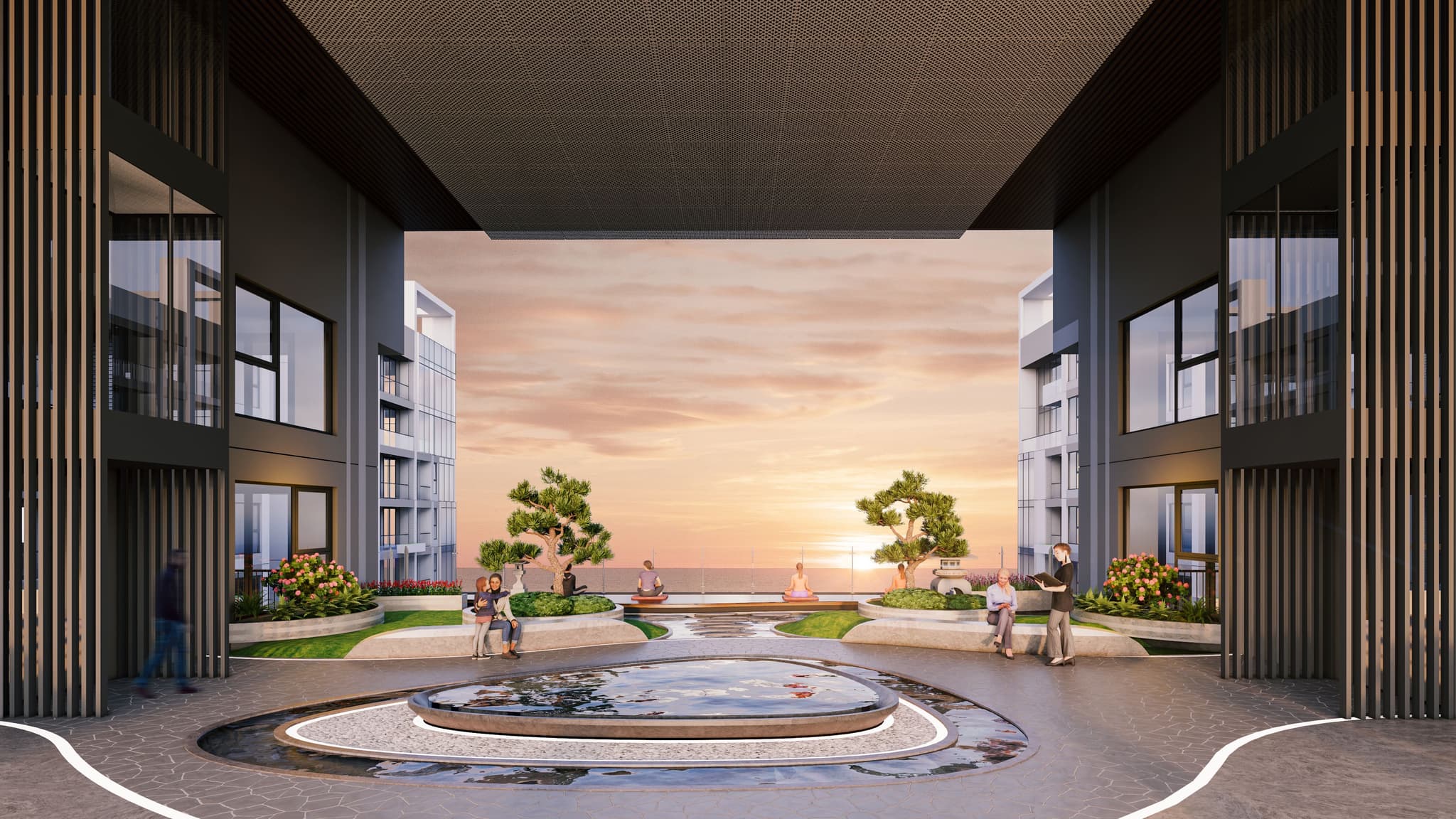 Modern architectural entrance featuring a serene garden with a fountain, surrounded by lush greenery and sunset views.