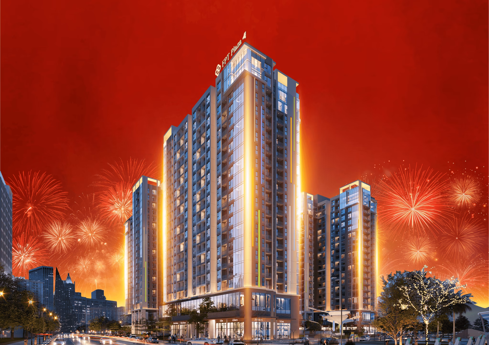 High-rise building illuminated with fireworks in the background, featuring modern architecture and festive atmosphere.