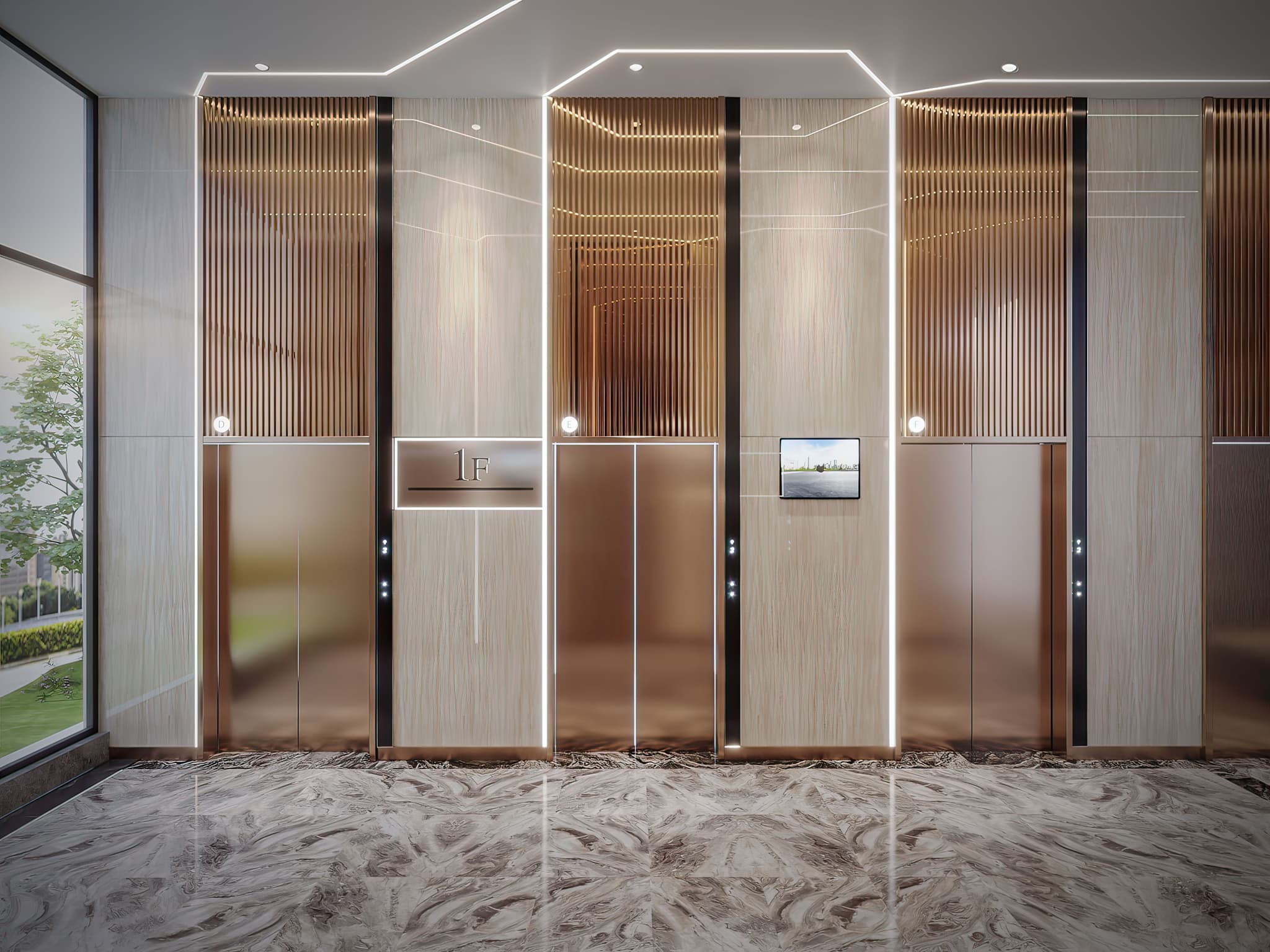 Modern elevator lobby with sleek wooden paneling, illuminated accents, and polished marble flooring.