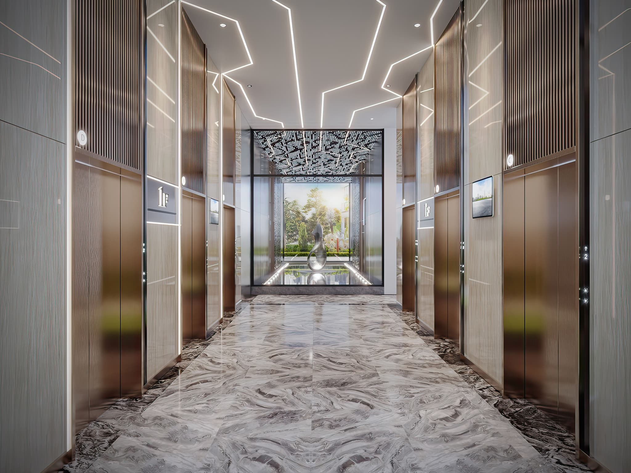 Modern hotel corridor with elegant wooden elevator doors, sleek lighting, and a view of greenery at the end.