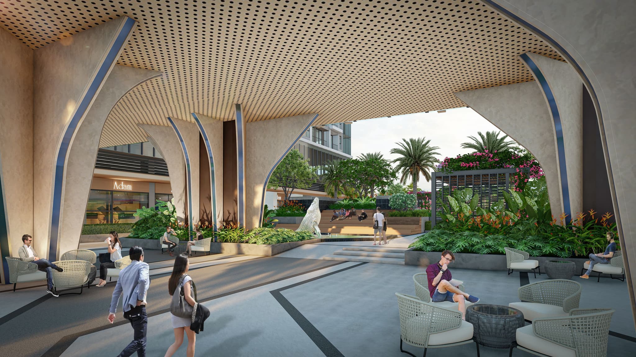 Modern architectural design showcasing a vibrant outdoor plaza with landscaping, seating areas, and people interacting.