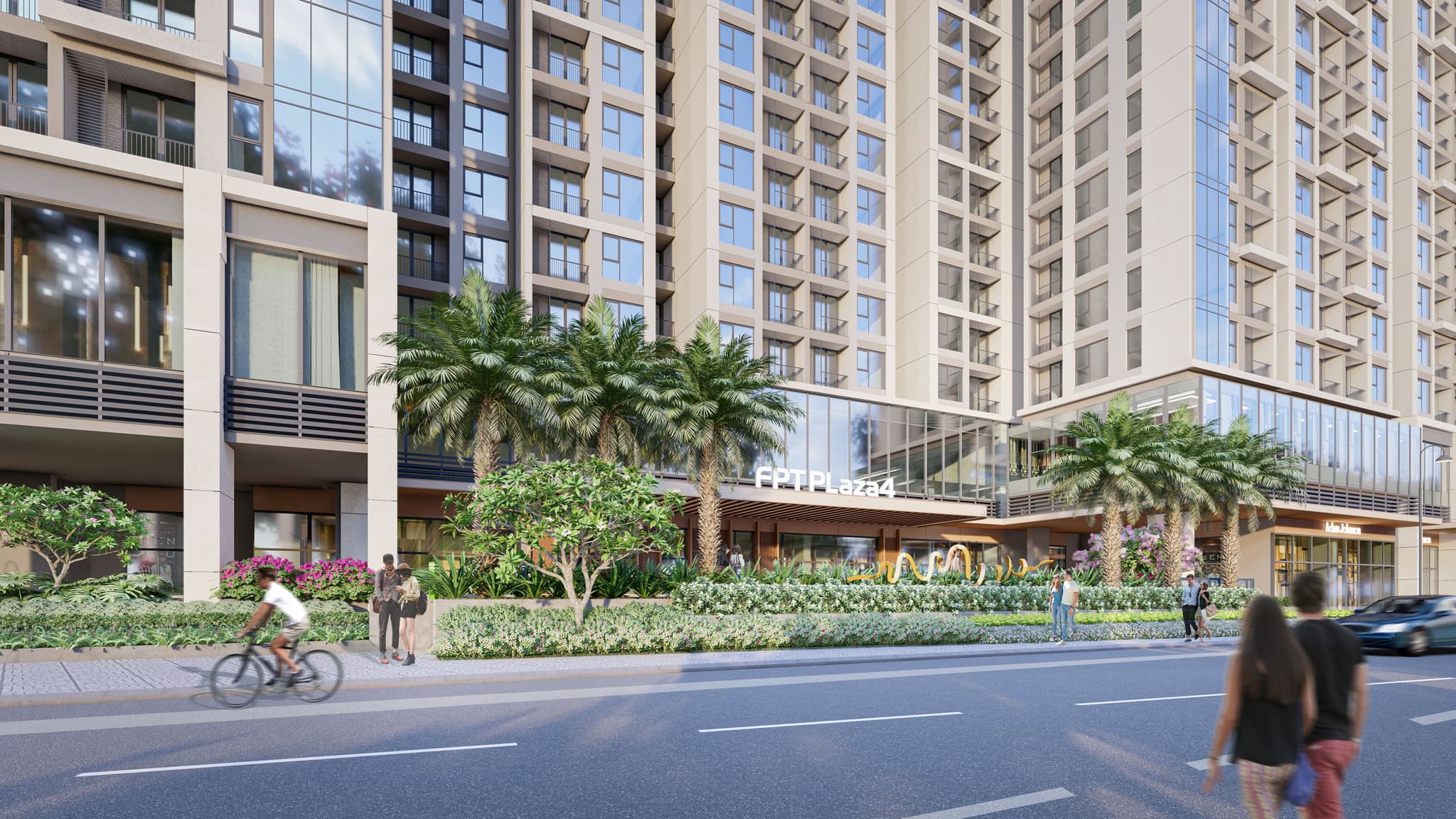 Modern residential building exterior featuring landscaped entrance, palm trees, and pedestrians on the street.