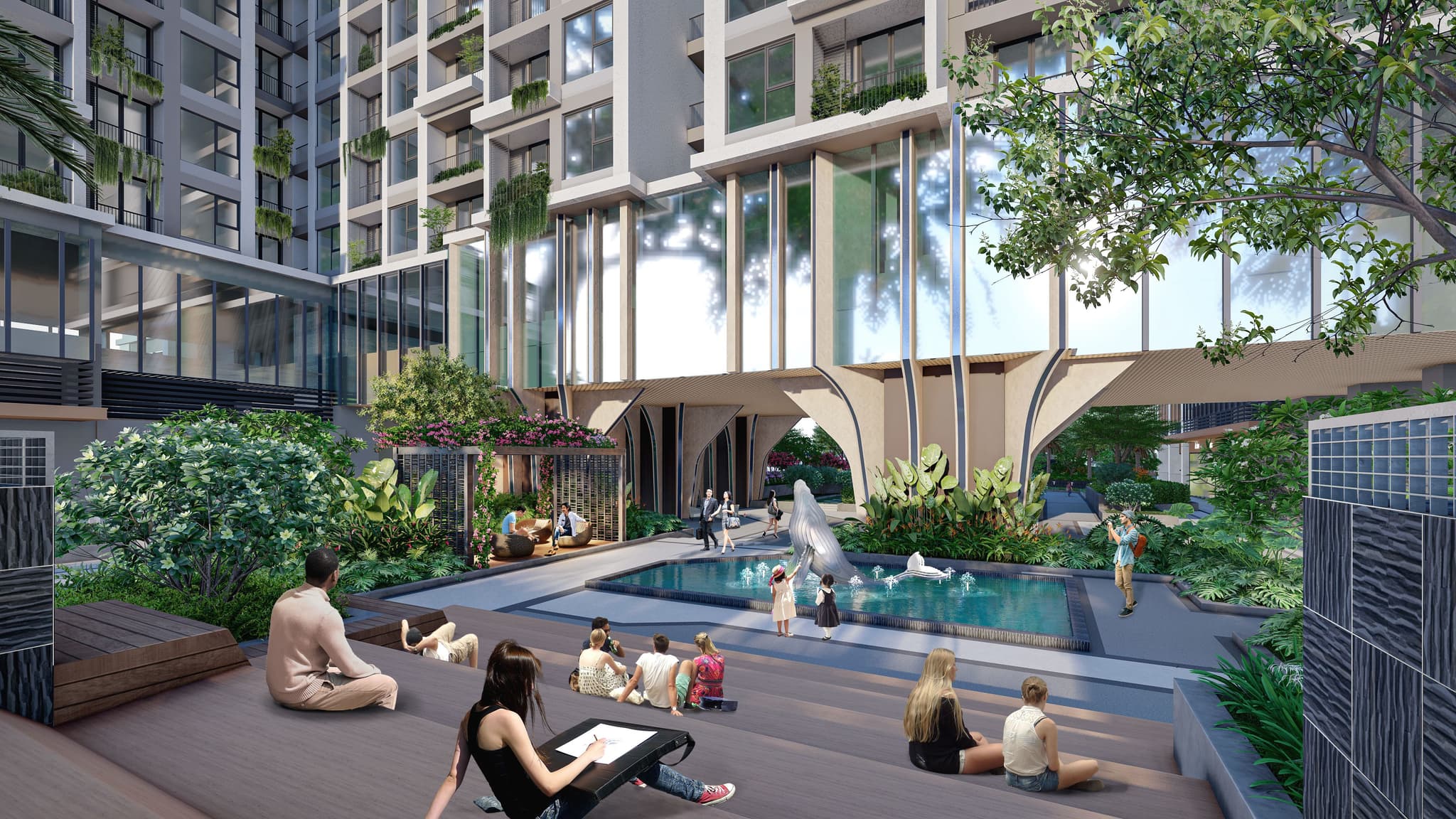 Modern residential complex with landscaped gardens, a central pool, and residents enjoying outdoor spaces.