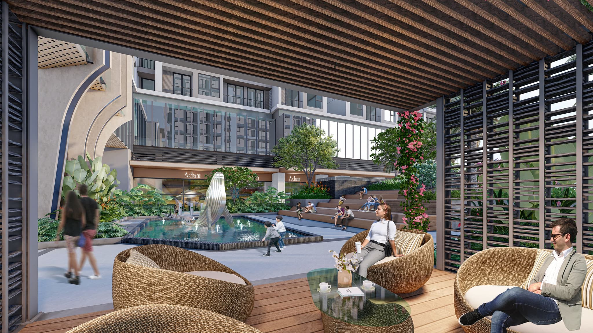 Modern urban courtyard with seating, fountain, and greenery, showcasing a vibrant social space.