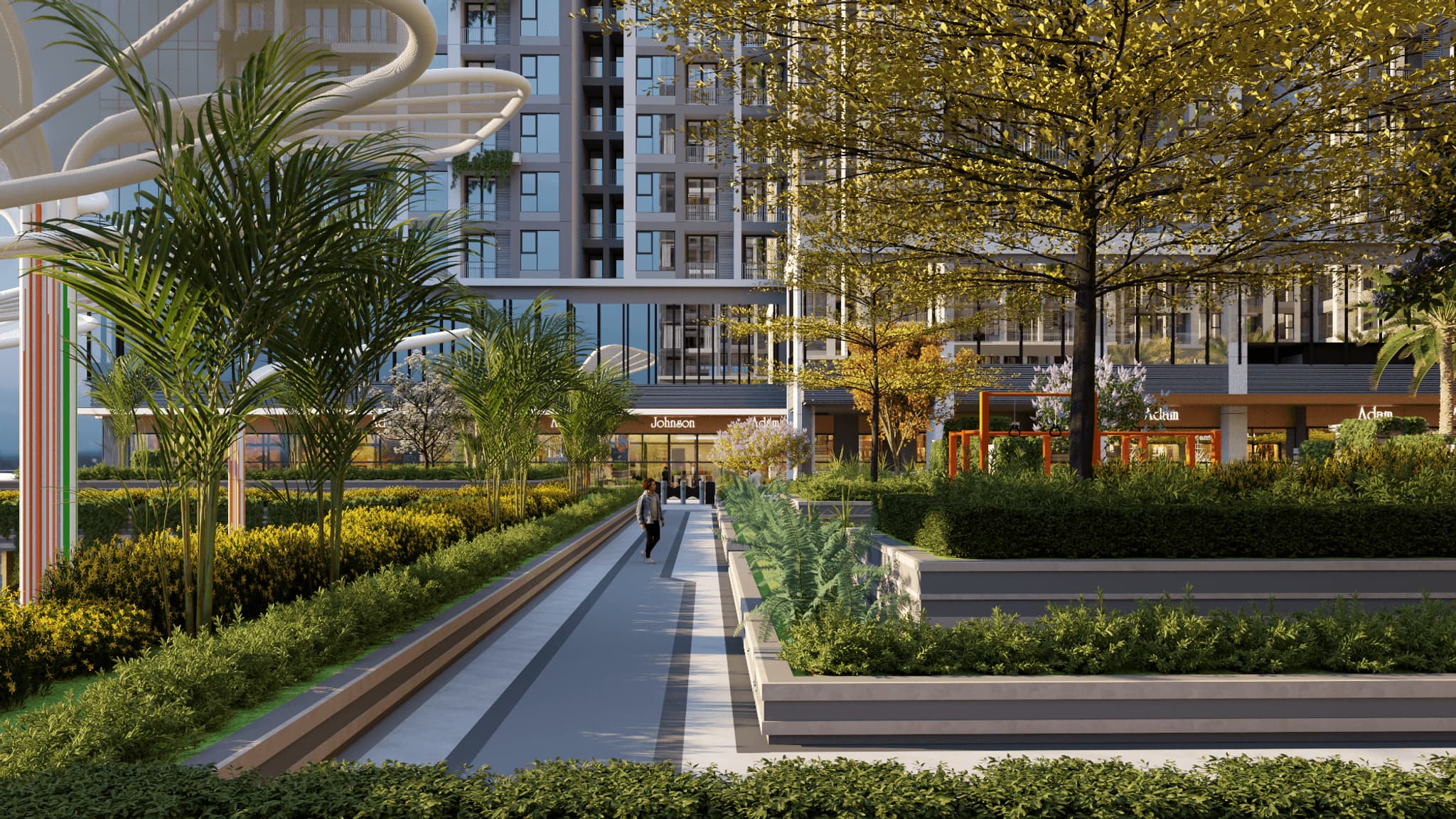 Lush landscaped garden with pathways, featuring trees and modern architecture in a residential area.