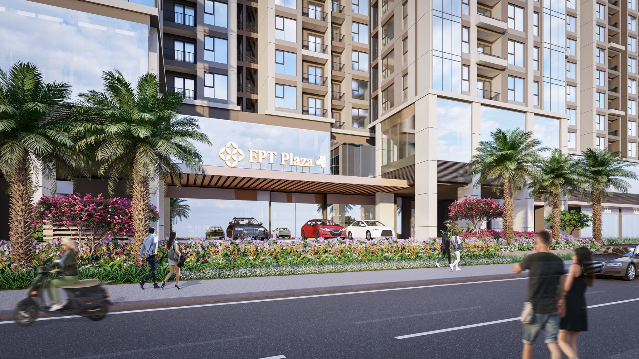 Modern building facade of EPT Plaza with lush landscaping, palm trees, and pedestrians in a vibrant urban setting.