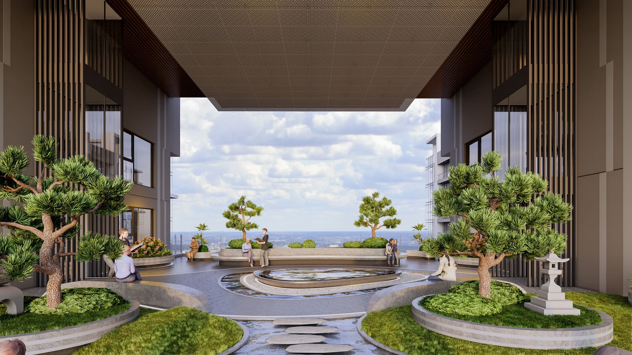 Modern architectural design featuring a serene outdoor space with trees and a water feature, overlooking the ocean.