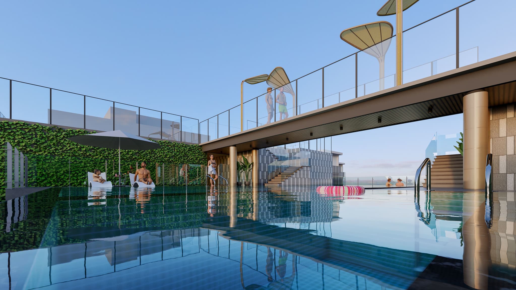 Rooftop pool scene featuring modern architecture, greenery, and people enjoying the water under clear blue skies.