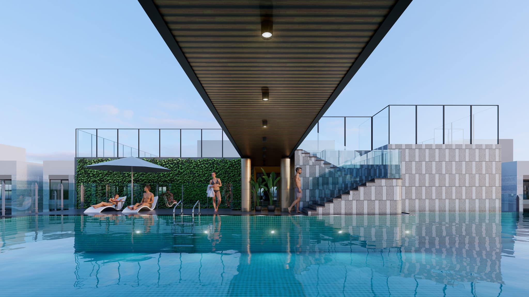 Contemporary swimming pool scene featuring a modern structure, lounge chairs, and a glass staircase.