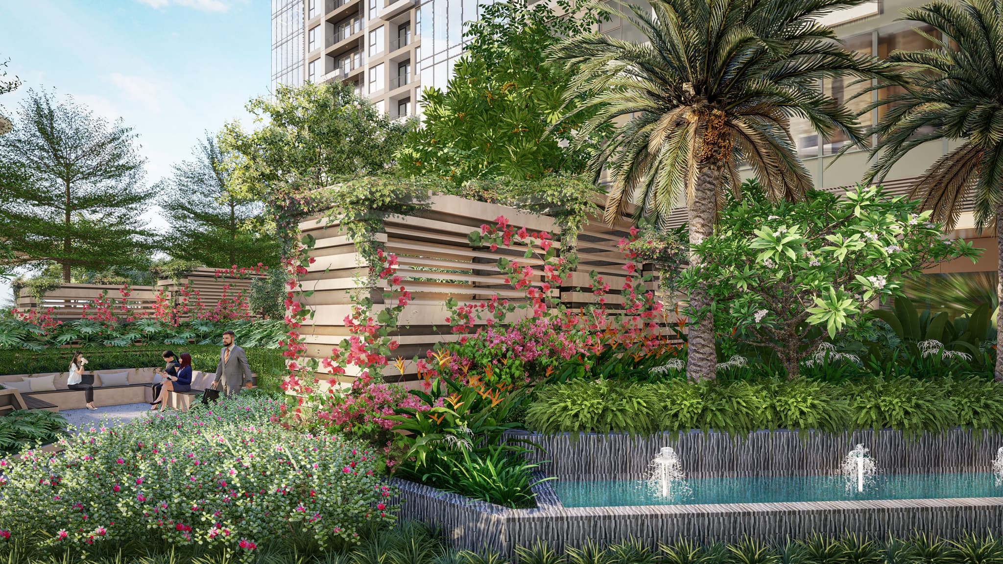 Lush landscaped garden featuring vibrant flowers, palm trees, and a modern water fountain near a contemporary building.