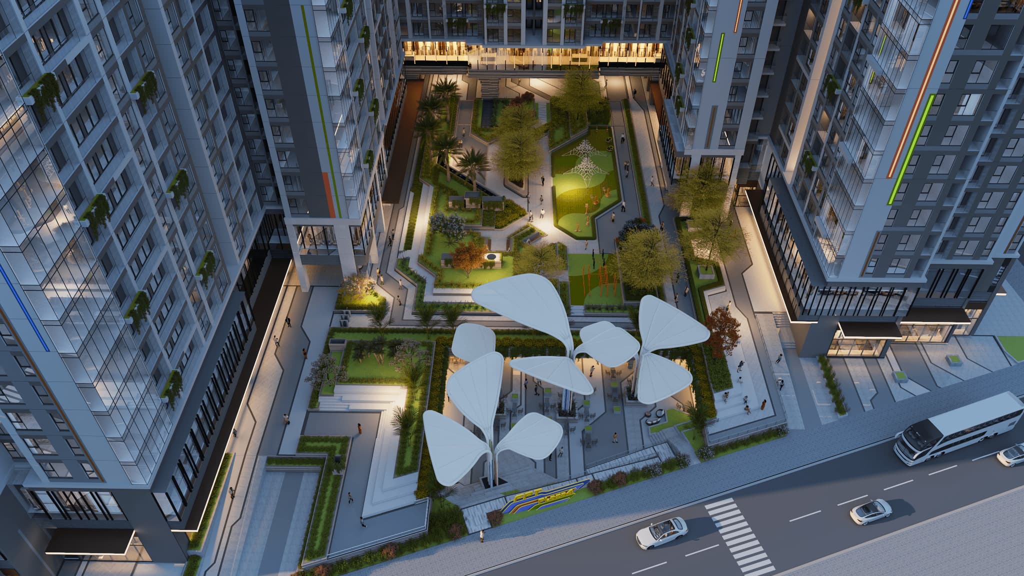 Modern residential complex aerial view featuring landscaped gardens, walking paths, and green spaces. Ideal for urban living.