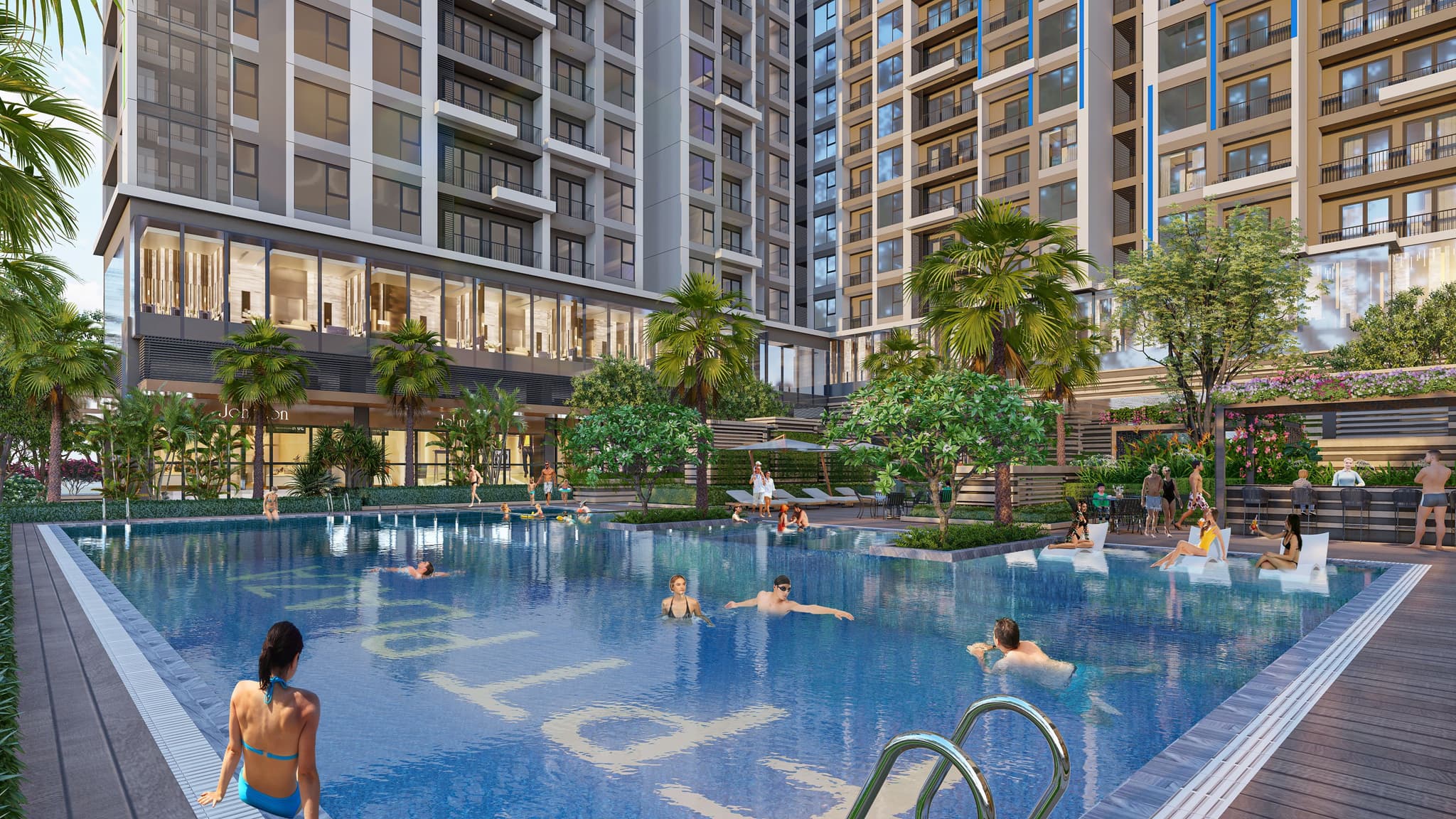 Modern residential complex featuring a large swimming pool, palm trees, and people enjoying leisure activities.