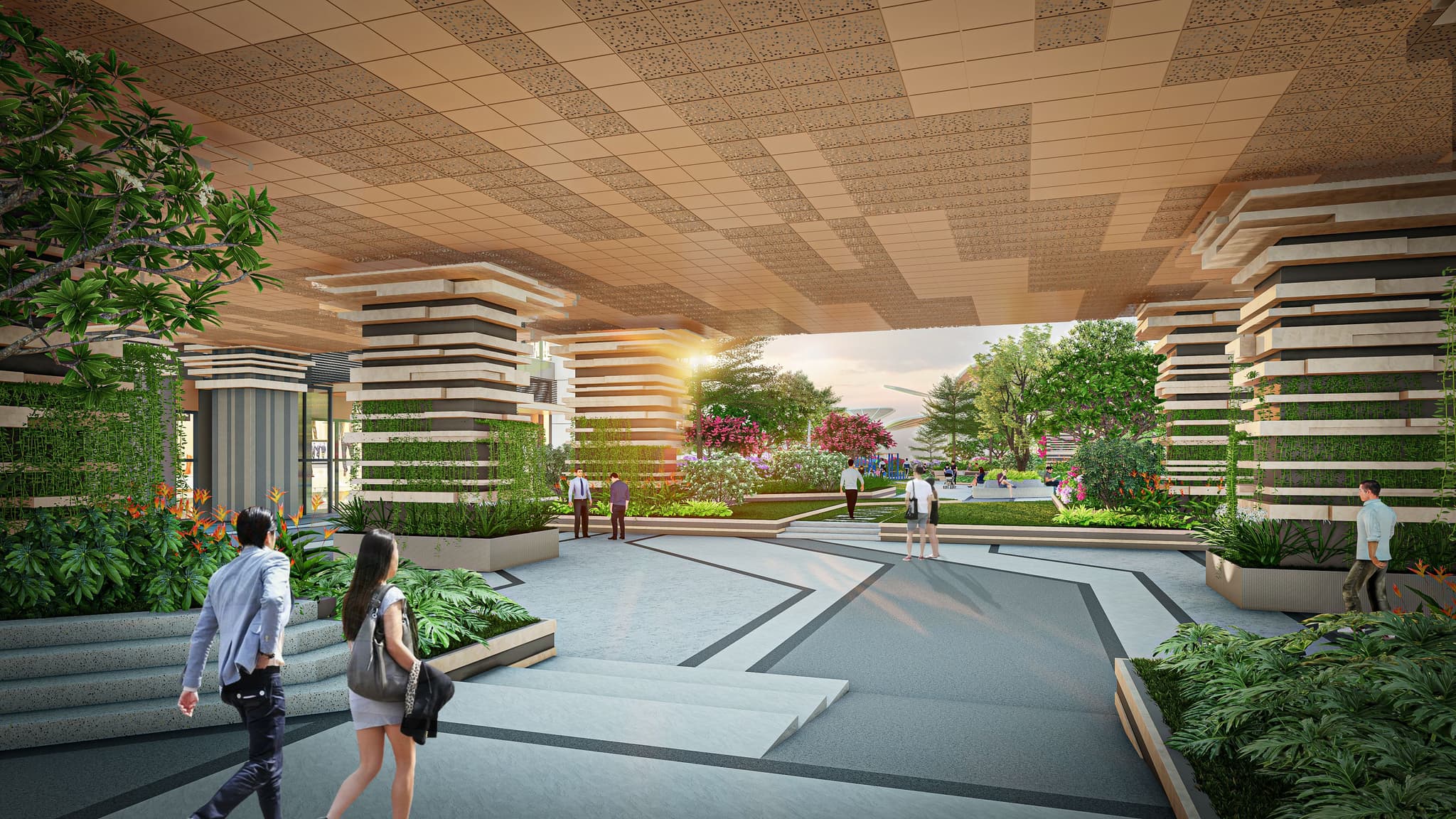 Modern architectural design featuring a landscaped plaza with people walking, lush greenery, and artistic structures.