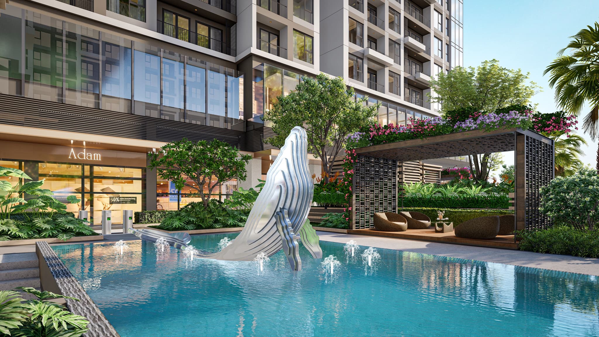 Modern outdoor pool area featuring a sculptural fountain, lush greenery, and stylish seating near a contemporary building.