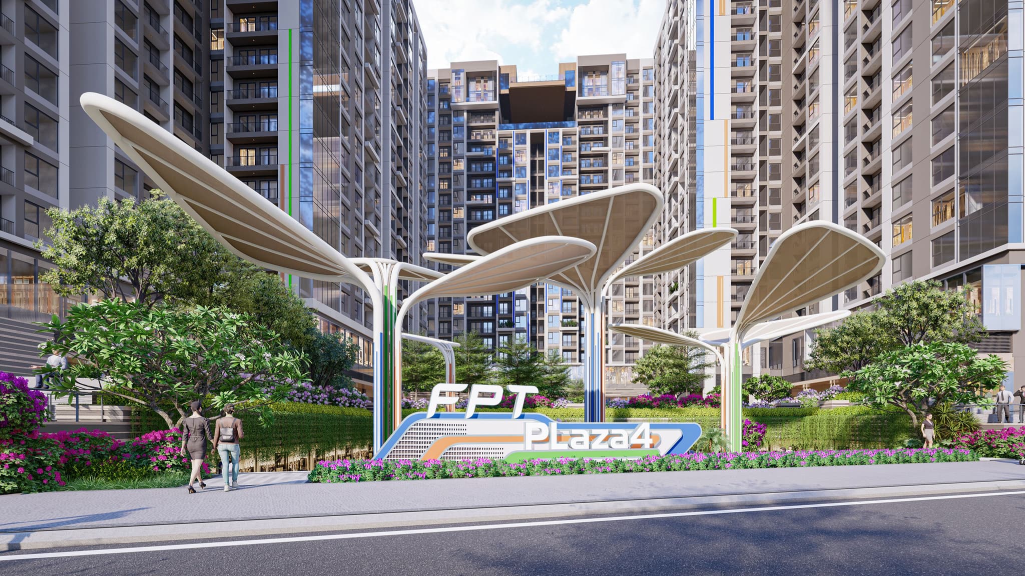 Modern architectural entrance of FPT Plaza 4, featuring unique canopy structures and landscaped greenery.