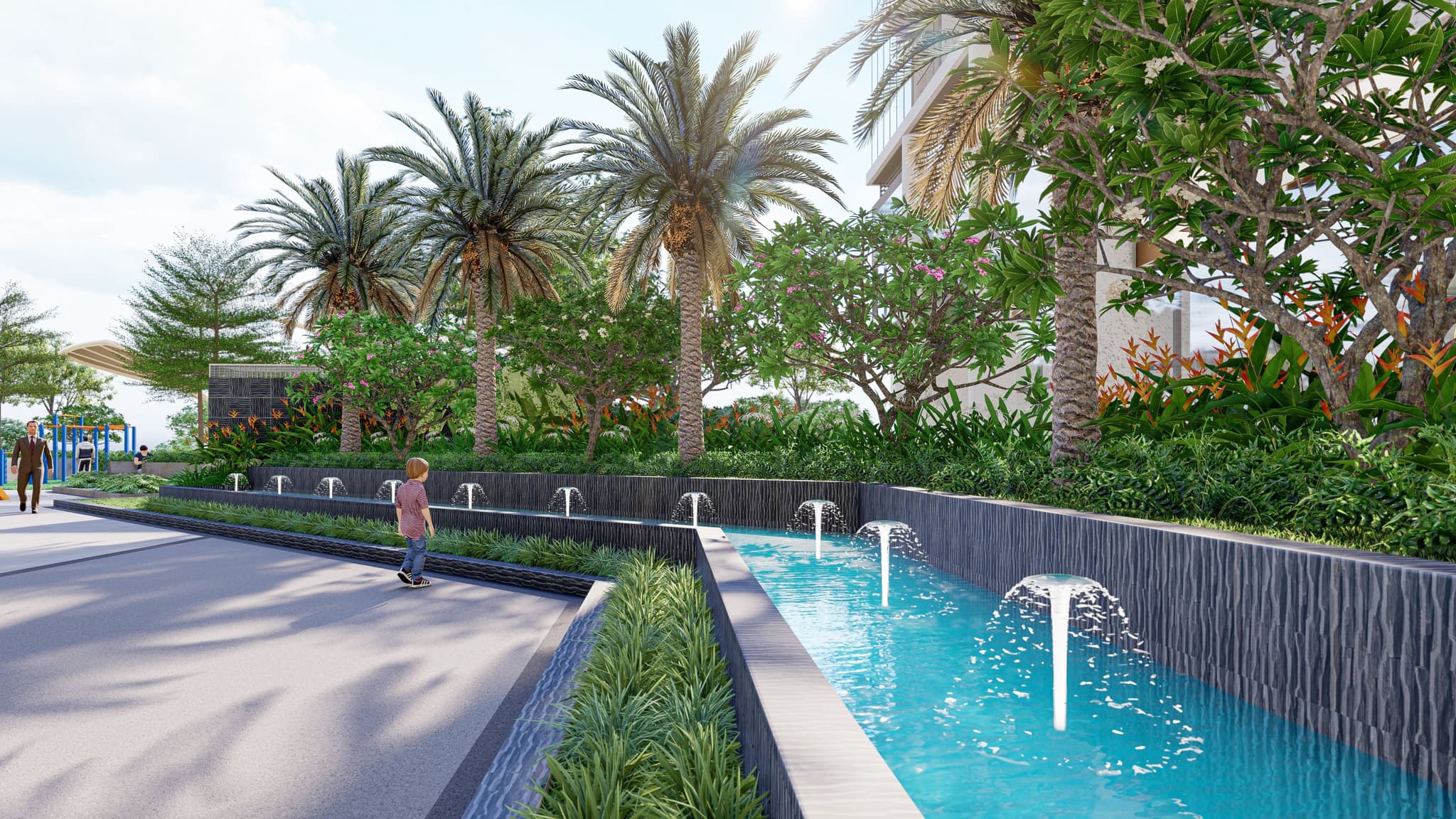 Lush landscaped pathway featuring palm trees and a tranquil water feature with fountains, inviting outdoor scenery.