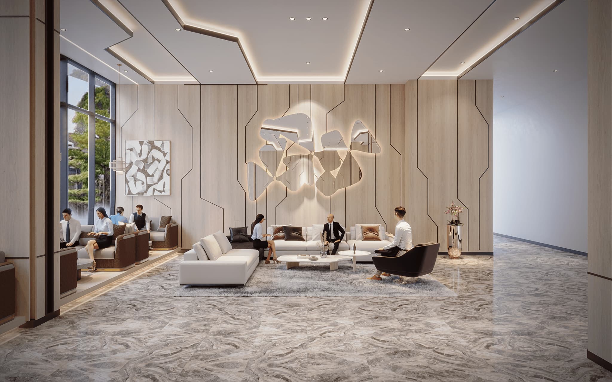 Modern lobby design featuring elegant furniture, wood accents, and abstract wall art, creating a welcoming atmosphere.